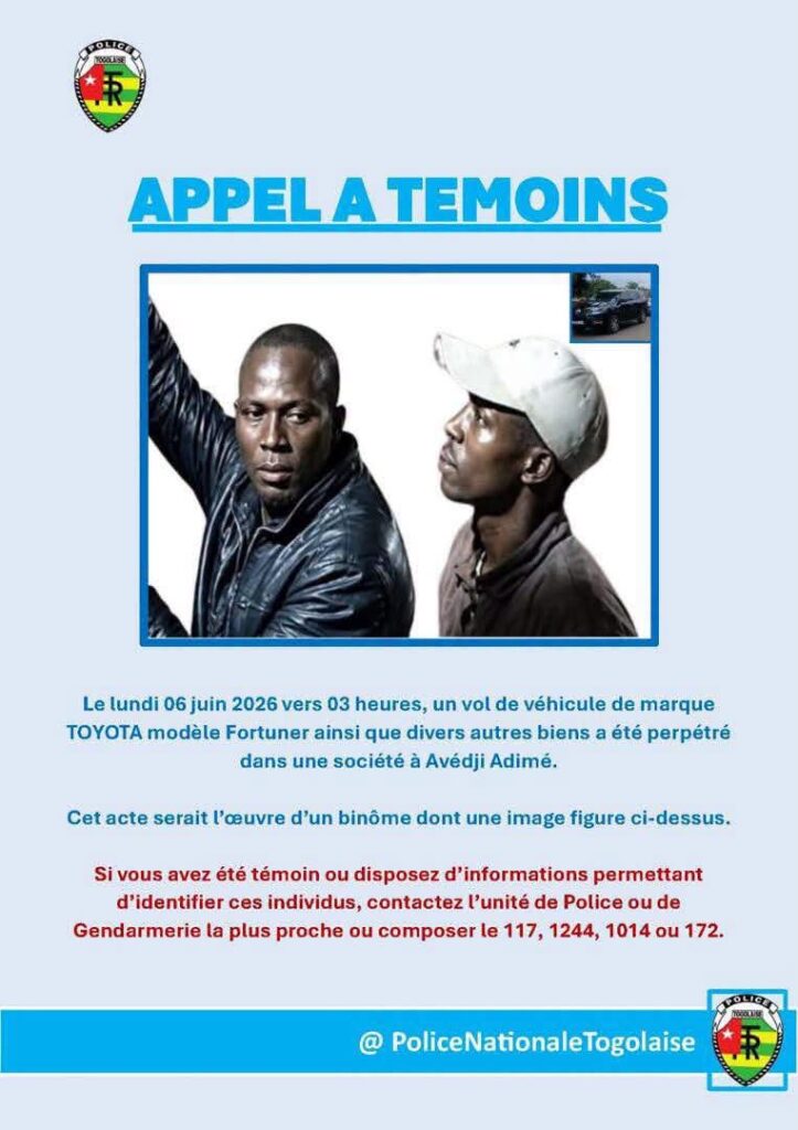 Togo : La Police Nationale lance un appel à témoins après un vol majeur à Avédji Adimé